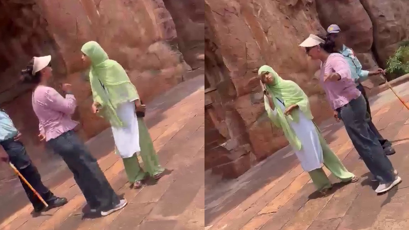 Staff wearing slippers inside Badami temple scolded by Hindu tourist woman