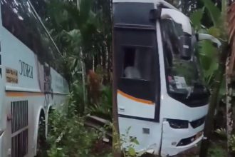 Airavata bus crashes into areca nut plantation near Thirthahalli