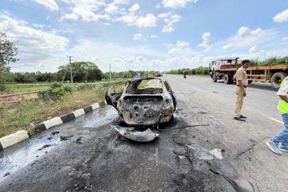 man dies after car catches fire near jogihalli in shira taluk