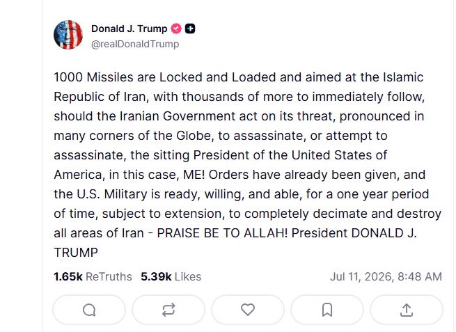 1000 missiles locked loaded and aimed at Iran should they assassinate me Donald Trump