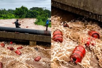 Floodwaters sweep nearly 3000 LPG cylinders into Maharashtra river viral video raises concern