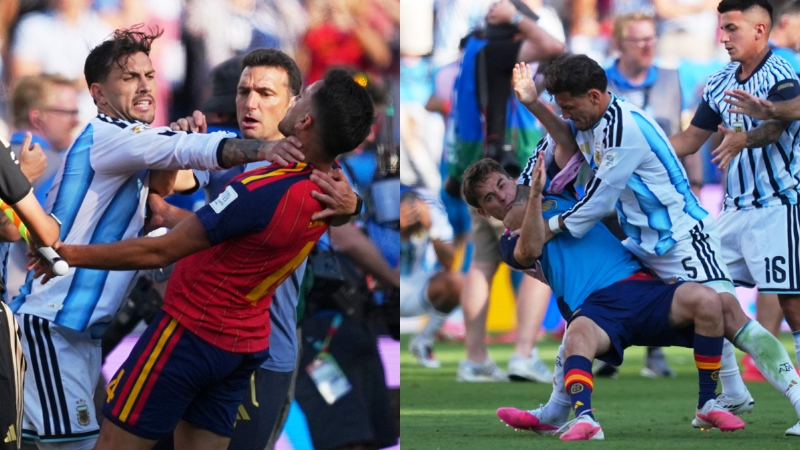 Paredes Grabs Spain Stars Neck Sent Off in Fiery World Cup Final Brawl