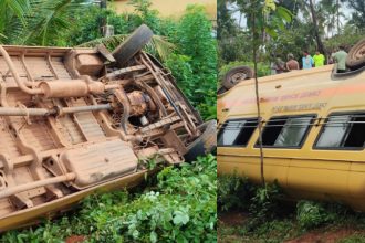 School bus falls into ditch near Manipal student suffers serious head injury