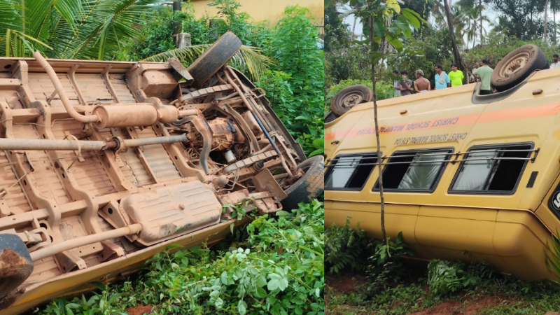 School bus falls into ditch near Manipal student suffers serious head injury