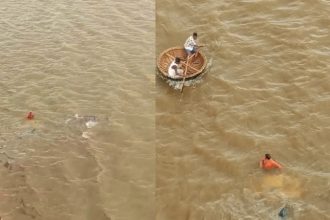 Tipper Plunges into Krishna River in Bagalkot Stranded Driver Sits Atop Sinking Truck Rescued Using Coracle