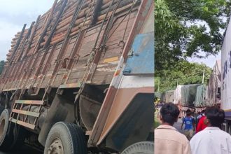lorry stuck in mud 3 km traffic jam on dandeli haliyal highway