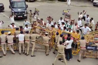 BJP demands Nagendras dismissal from ministerial post Attempt to blockade DCs office in Shivamogga 1