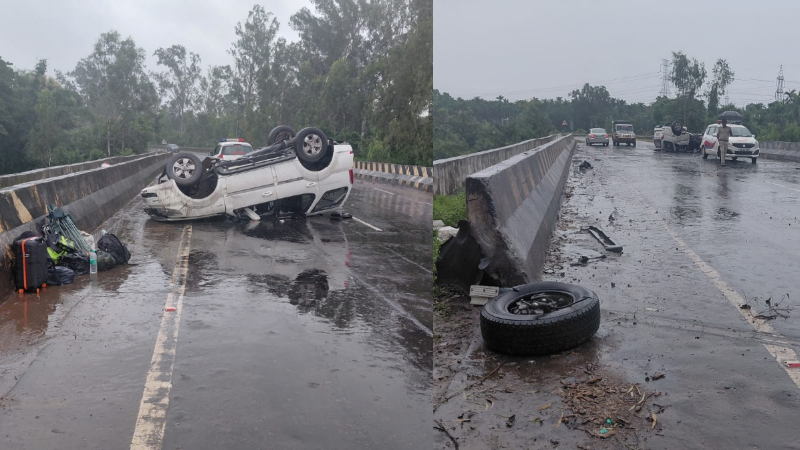 car crashes into bridge tourists injured in choradi bridge in shivamogga