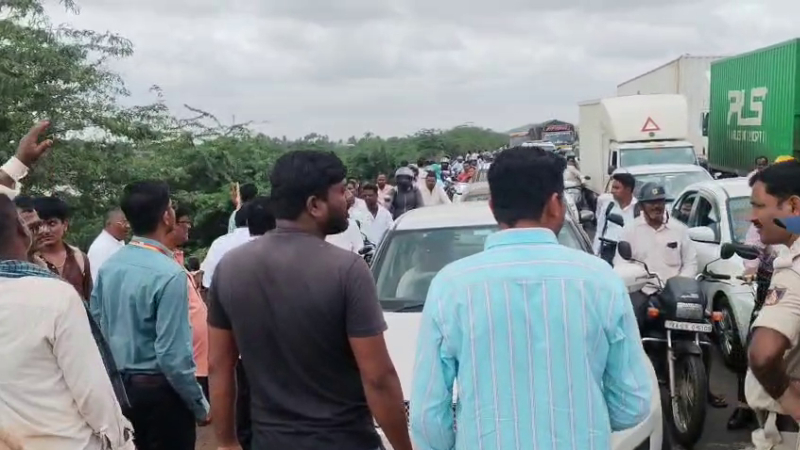 demand for bus service students and residents block hubballi vijayapura highway in protest