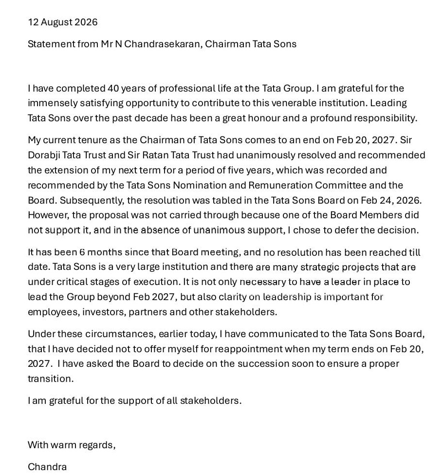 n chandrasekaran resigns as tata sons chairman will complete his term