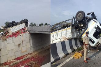 Onions and garlic Loaded lorry overturned in Kolar