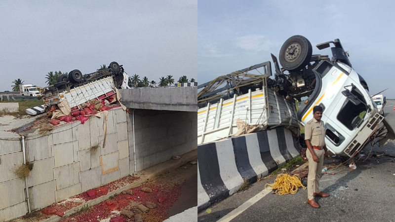 Onions and garlic Loaded lorry overturned in Kolar