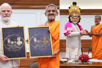 Pejawar Seer Sri Sri Vishwaprasanna Tirtha Swamiji Meets Narendra Modi in Delhi