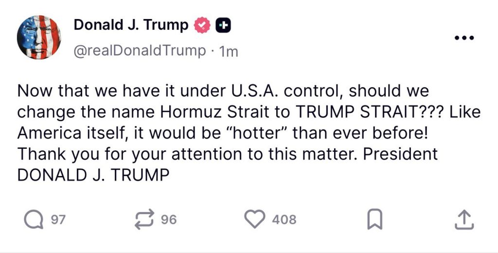 Trump floats renaming Strait of Hormuz the Trump Strait