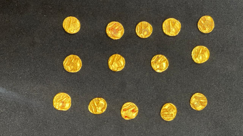 a discovery of 14 gold coins was made in inchala village savadatti taluk