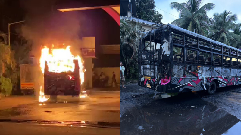 ಉಡುಪಿ ಅಲೆವೂರು-ದೆಂದೂರುಕಟ್ಟೆ ಬಳಿ ಹೊತ್ತಿ ಉರಿದ ಬಸ್‌