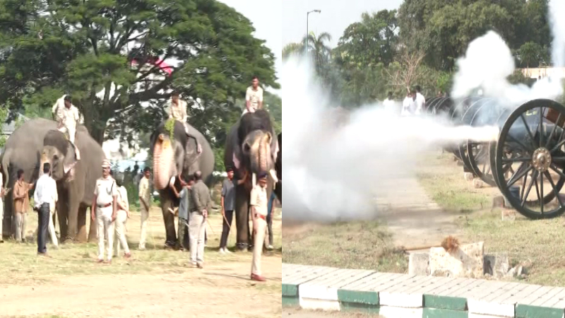 Rehearsal for the Dasara elephants with cannon Firing