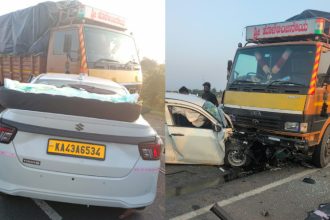 accident between a swift car and a canter in dharwad four died