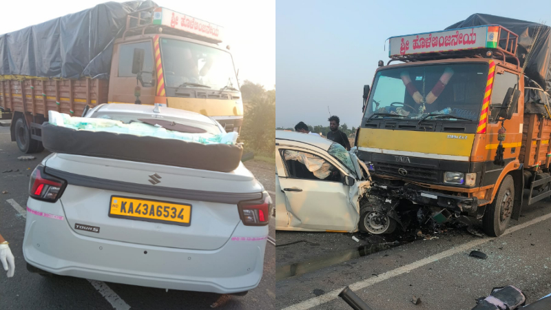 accident between a swift car and a canter in dharwad four died