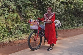 geetha mataji undertaking a 40000 km journey on foot while pushing a bicycle