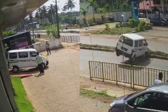 new car suddenly veers from showroom onto the road bike riders sustain serious injuries in sagar